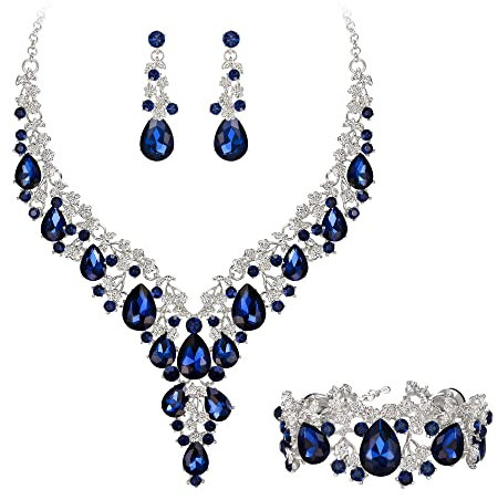 Clearine Damen Hochzeit Braut österreichischen Kristall Teardrop Blume Cluster Statement Halskette Ohrringe und Armband Schmuck-Set für Prom Saphirfarben Silber-Ton