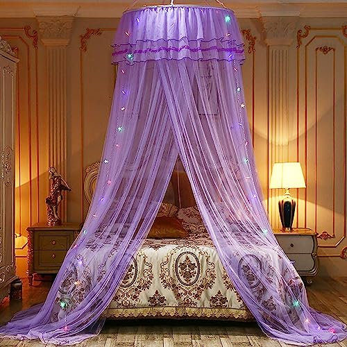 Reheyre Bed Canopy, Princess Bed Curtain Net, Ruffle Dome Bed Curtains, Princess Bed Canopy, Bed Canopy Curtains, Indoor Outdoor House Tent, Canopy Bed Curtains for Twin Full Queen King Size Purple