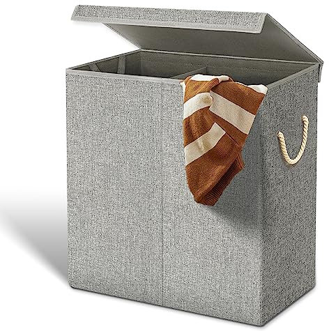 FB FunkyBuys 142 L Double Laundry Basket with Lid, Laundry Hamper Basket with Handles for Dirty Clothes, Laundry Bin Storage for Bedroom, Bathroom Storage (2 Compartment, Grey)