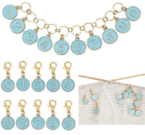 BENECREAT 11 Stück Legierungs-Emaille-Nummer, 0~9 Strickreihe-Zählerketten Und Blaue Emaille-Charm-Maschenmarkierungen Mit Karabinerverschlüssen Zum Stricken, Weben, Nähzubehör