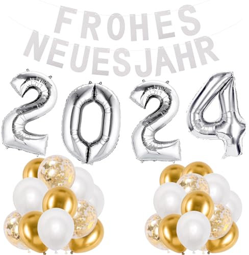 Silvester Deko 2024, Deko Silvester Party 2024 Silber, Frohes Neues Jahr Girlande, XXL 2024 Luftballon Dekoration, Happy New Year Deko, Silvester Ballon für Neujahr Deko Silvesterparty 2024