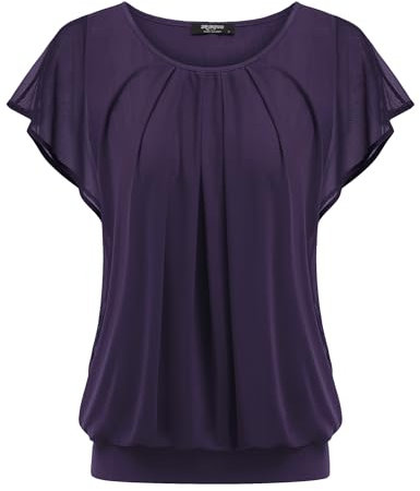 Zeagoo Damen Falten Blusen Fledermaus Ärmel Elegant Tunika Shirts Rundhals Mesh Doppellagige Oberteile Dunkellila S