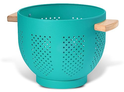 Passoire en métal avec poignée en bois, revêtement en poudre, passoire en métal de 22 cm, grande passoire de cuisine avec base stable, parfaite pour les pâtes, les fruits, les légumes (bleu sarcelle)
