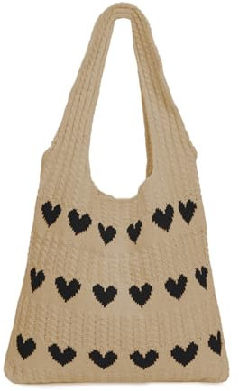 DKIIL NOIYB Gestrickte Umhängetasche Gehäkelte Einkaufstasche Herz Handtasche Hobo Bag Strick Tragetasche Häkeltasche Herz Strandtasche Tote Bag Teenager Mädchen Shopper Tasche (A1-Khaki)