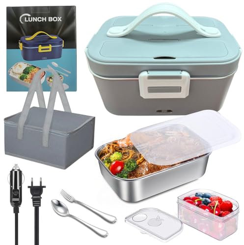 Shkalacar 1,8L Elektrische Lunchbox, 75W Beheizte Lunchbox mit Abnehmbarem Edelstahlbehälter, Gabel, Löffel, Aufbewahrung, Tragetasche, Anti Trocken Verbrennungs Lunchbox für Auto, Zuhause(Grau)