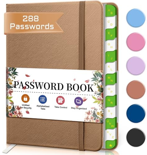 BLESWIN Passwortbuch mit Alphabetischen Tabs, 6.1 * 4.7, Internet Passwortbuch für Website Logins, Hardcover Passwortbuch für Senioren, Nie wieder ein Passwort vergessen - Braun