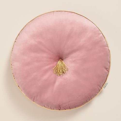 ROOM99 Allure Runde Kisse 45 cm Zierkisse Wurfkissen Dekokissen Plüschkissen Gefüllt Sofakissen für Sofa Bett Couch Pillow Wohnzimmer dekorative Velvet Samt mit Fransen Rosa,1 Stück