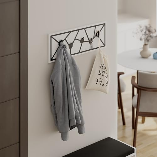 HOCUS PICUS Moderner Wand-Kleiderbügel mit 5 geometrischen Formen, schwarze Metallhaken an der Oberfläche, Eingang, Flur, Schlafzimmer, Garderobenständer, 74,6 (B) x 1,80 (T) x 26,6 (H) cm (Weiß)