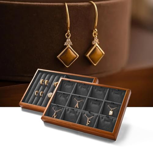 Papten Holz Schmucktablett, Schmuck Organizer Schmuckeinsatz für Schublade stapelbare Schmuckablage 12 Fächer Schmuck Display 25x17x3cm (Grau)