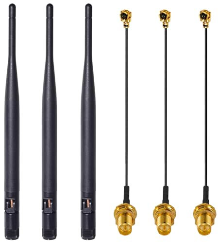 GTIWUNG 3 Pièces 2.4G/5.8G Double Bande WiFi RP-SMA Antenne, Antenne WiFi Bi-Bande pour Carte WiFi + 3 Pièces IPEX vers RP SMA Femelle Pigtail Câble 15CM
