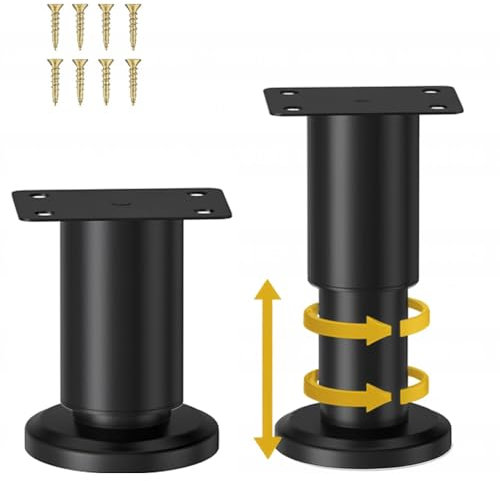 TELANKS Lot de 4 pieds de meubles réglables en hauteur - 8 à 12 cm - En métal noir - Pieds réglables pour meubles, canapé, lit, table de chevet, armoire, armoire