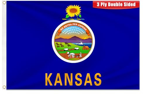 Kansas Staatsflagge, 90 x 152 cm, doppelseitige Kansas-Flaggen mit Messingösen für drinnen und draußen, strapazierfähig, 3-lagig, Kansas-Flaggen mit lebendigen Farben, für Außen-, Hof-,
