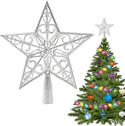 Weihnachtsbaumspitze Stern, Vintage Leicht Klassisch Kunststoff Ausgehöhlt Weihnachts Dekoration Stern, Sterns für Weihnachtsbaum-Spitze, Ideale Christbaumspitze Dekoration Ornament (Silber)