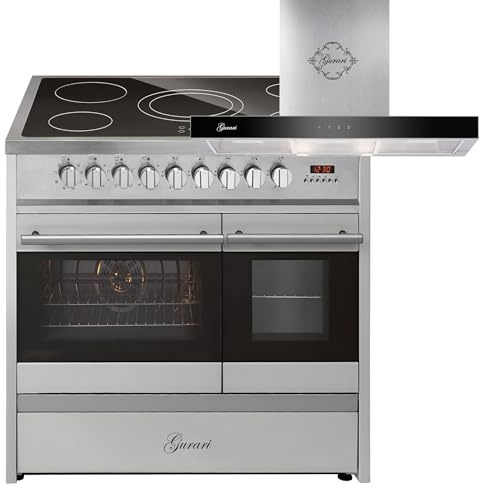 GURARI Elektro-Standherd GCH E 912 DF X+GCH F 462 IS 9 Prime, Elektro Standherd 90 cm mit 1-fach-Teleskopauszug, Doppelbackofen + Dunstabzugshaube 90 cm