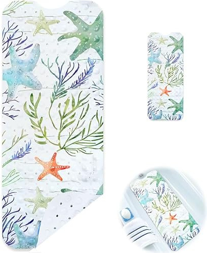 MOAMUN Printed Bath Mat Non Slip Anti Mould, Green | Shower Mat Bath Mats, Drain Holes and Strong Suction, PVC Material, Machine Washable Safe, Shower Runner Bathroom Tubs Use