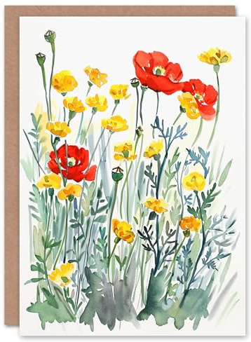 Artery8 Greeting Card Red Poppies and Yellow Marigolds Wildflower Field For Her Woman Birthday Card