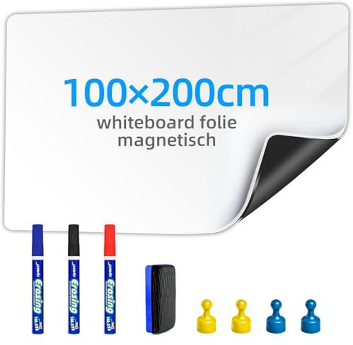 Magnetisch Whiteboard Folie - 100*200cm Magnetfolie Selbstklebend Weißwandtafel - Whiteboard Sticker DIY mit Marker, Board-Radierer und Magnet - Wandfolie für glatten Oberflächen in Schule Büro Haus