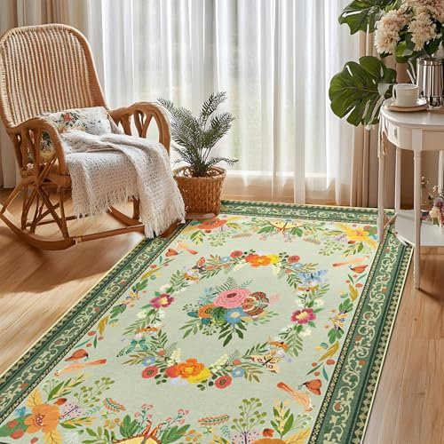 GthreeD Teppich Wohnzimmer Waschbarer 120x160 cm - Boho Kurzflor Teppich Schlafzimmer - Orientalischer Vintage Teppiche Weich rutschfest Design für Schlafzimmer, Esszimmer, Küchen,Blumen-Grün