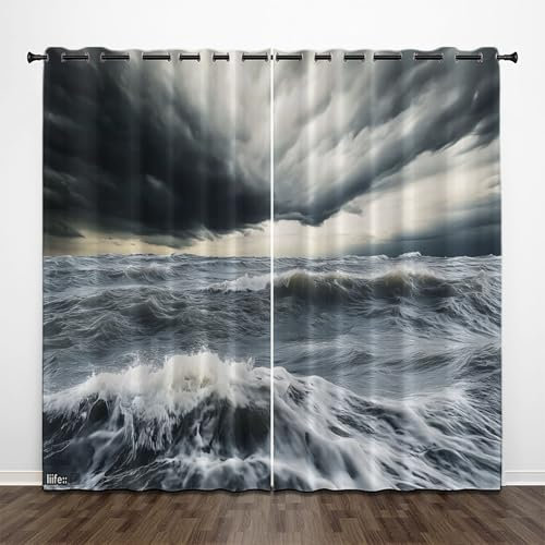 CEDNXOER Nature Waves Curtains Eyelet Thermal Insulated Blackout Curtains, 66x54 Inch Blackout Window Drapes 2 Panels,3D Spray Print Pattern Ring Top Window Drapes for Bedroom