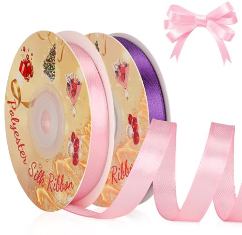 VynyQoo 2 Rouleaux 10mm Ruban Satin Large, Rose et Violet Emballage Cadeau, 22M Polyester Côté Unique Ruban en Satin, pour Mariage, Nœuds, Ballons, Anniversaire, Décoration de Gâteau