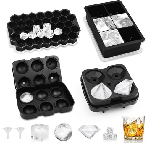 Eiswürfelbehälter mit Deckel Eiswürfelform Silikon 4 Stück Eiswürfel Kugel Eiswürfel Form Ice Cube Tray für Bier Cocktails Whisky (Schwarz)