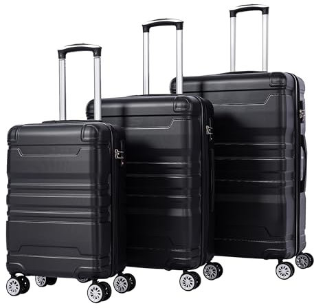 LANOX 3-teiliges Kofferset ABS+PC (20/24/28 Zoll) mit TSA-Schloss, Kratzschutzfolie & 360° Doppelrollen – Leichtes Reisegepäck für Familie, Business und Urlaub, Schwarz
