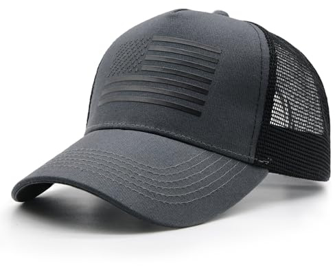WALNOVA Trucker-Kappe mit amerikanischer Flagge, verstellbares Netzgewebe, Snapback-Baseballkappe für Männer und Frauen, Dunkelgrau / Schwarz, Einheitsgröße