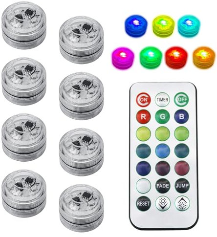 8PCS Mini Submersible LED Light with Remote Control,LED Tea Lights Pool Lights,Waterproof Underwater RGB Colour-Changing Light,Battery Operated Flameless Lamp for Pool Aquarium,Garden,Party,Wedding