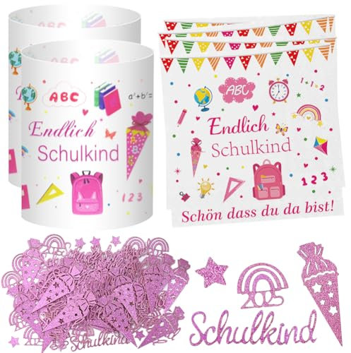 20 Stück Servietten Einschulung Deko Mädchen 8 Stück Schulkind Windlicht Tischdeko 50 x Schulanfang Konfetti für Schuleinführung 2025 Deko
