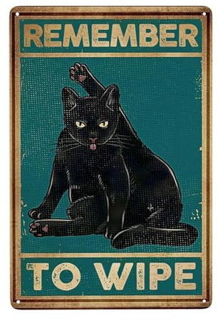 Funny Black Cat Bathroom Decor - Remember to Wipe Metal Wall Art Sign - Humorous Cat Wall Plaque for Restroom & Powder Room - 8x12 Inch