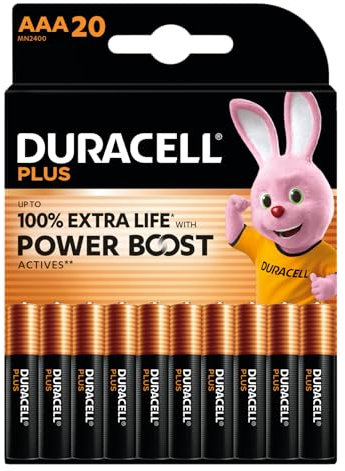 DURACELL Plus Piles AAA (Lot de 20) – Piles Alcalines 1,5 V–Durent Jusqu’à 100% Plus Longtemps grâce aux Actifs Power Boost–Fiable pour Vos Appareils du Quotidien–Emballage 0% Plastique–LR03 MN2400