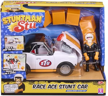 Stuntman Stu Race Ace Stunt Car Break apart stunt set with ejectable parts and knock over crates toys Stunt toys