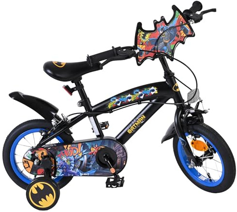 Volare Batman Kinderfahrrad 12 | 3–5 Jahre | 2 Handbremsen, abnehmbare Stützräder, Kettenschutz & Reflektoren | Verstellbarer Sattel | Geschenk für Mädchen & Jungen