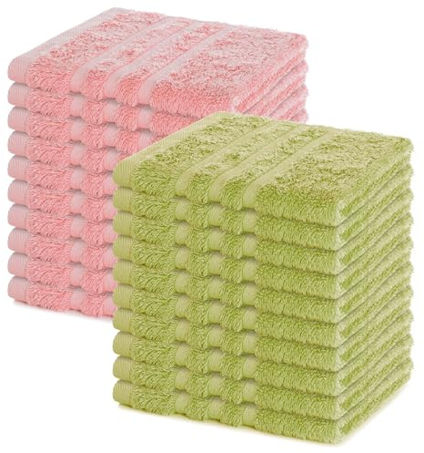 Lavea® Seiftuch 20er Set 30x30 cm, Lindgrün & Pastellrosa | 100% Baumwolle, hochwertige Seiftücher und Gästehandtücher, saugstark, waschbar und strapazierfähig – Frottierserie Elena