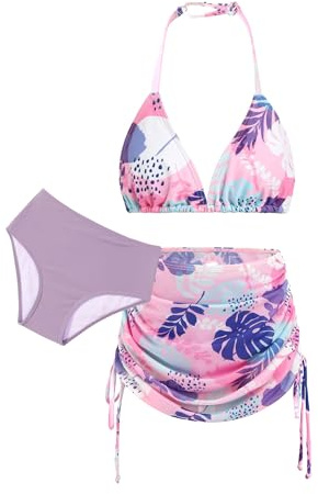 Arshiner Filles Ensemble Bikini 3 Pièces Enfants Maillot de Bain à Bretelles avec Jupe Imprimé Eté Hawaïenne Ensemble Bikini pour Filles 7-15 Ans