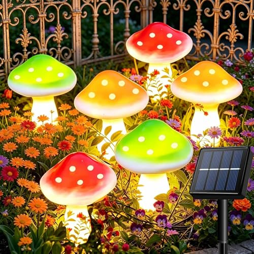 Cozymeow Adornos de Jardín con 6 Luces LED Solares de Hongos | Impermeables para Exterior, Caminos, Paisajes, Vallas, Césped, Patio - Decoración para Fiestas y Bodas