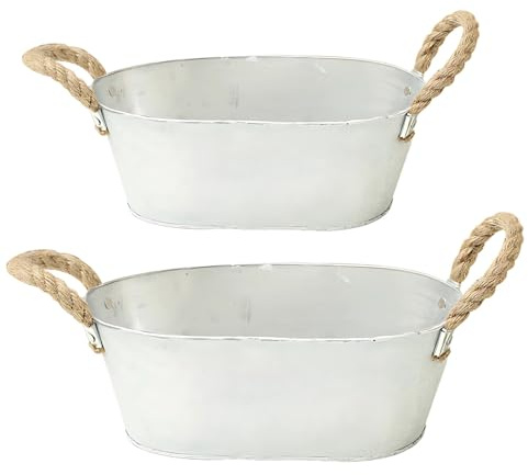 Machify 2 cubos de metal de granja, macetas ovaladas galvanizadas, recipientes pequeños y medianos con asas de cuerda de cáñamo, decoración floral rústica vintage, uso en interiores y exteriores