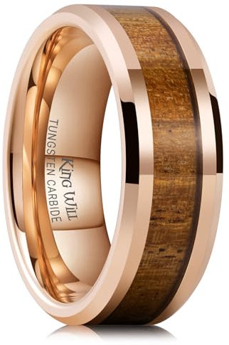 King Will Nature Koa-Holz Einlage Wolframkarbid Hochzeitsring 8mm Roségold Hochglanzpoliert Komfort Passform 54.3 (17.3)