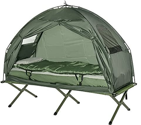 Outsunny 1 person Foldable Camping Tent w/Sleeping Bag Air Mattress Outdoor Hiking Picnic Bed cot w/Foot Pump