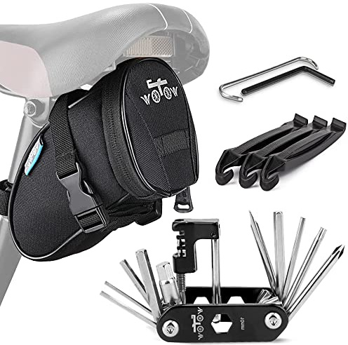 WOTOW Bike Repair Tool Kit & Bike Saddle Bag, 14 in 1 Bike Chain Tool Hex Key Wrench Maintain Accessories Multitool Set with Portable Under Seat Bag for Road Mountain Commuter Bicycle(Black)
