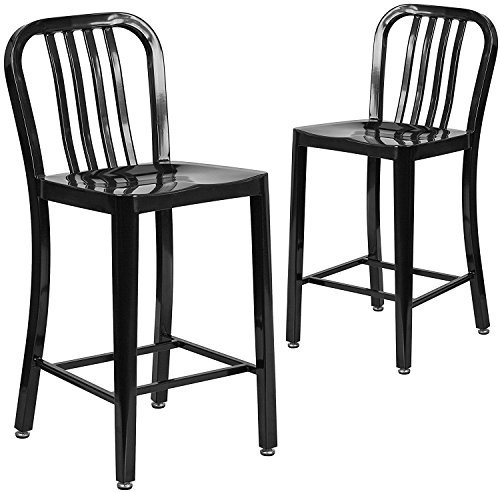 Flash Furniture Juego de 2 sillas comerciales, 61 cm, de metal, respaldo alto, interiores y exteriores, altura de encimera, laminas verticales, negro