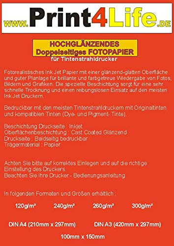 Print4Life 50 Blatt DIN A3 Fotopapier 300g /m² doppelseitig hochglänzend wasserfest lichtecht bis 9600 DPI bedruckbar Beidseitig beschichtet