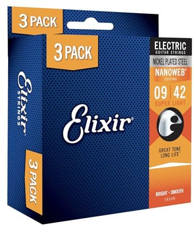 Elixir corde 16540 , in acciaio nichelato per chitarra elettrica con rivestimento Nanoweb, confezione da tre mute