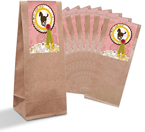 Logbuch-Verlag 10 Geschenktüten aus Papier braun mit Aufkleber PFERD rosa pink - Gastgeschenk Mitgebsel Verpackung Kindergeburtstag