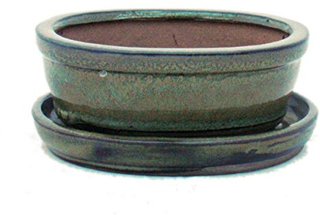 exotenherz - Bonsai-Schale mit Unterteller Gr. 1 - Oliv-Braun - oval - Modell O7 - L 12cm - B 9,5cm - H 4,5 cm