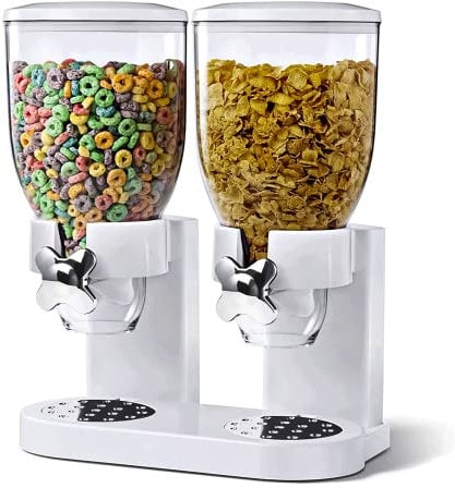 Denny International® Double Plastic Classic Dry Food Cereal Dispenser Double Canister, White Transparent (White)