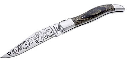 LAGUIOLE - Klappmesser Klinge bedruckt Tattoo Holzgriff Pakka Holz grau braun - Edelstahl, Pakka Holz grau - Klappmesser für den täglichen Gebrauch - Geschenkbox