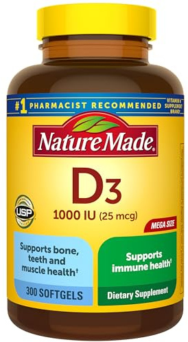 Nature Made Vitamin D3 1000 IU (25 mcg), Vitamin D Supplement for Bone, Teeth, Muscle and Immune Health Support, 300 Softgels, 300 Day Supply