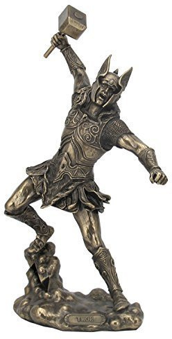 Skulptur mit Bronze-Oberfläche, Nordischer Gott Thor mit Hammer, Wikinger-Mythologie by Unicorn Studio