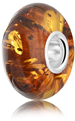 ANDANTE - Premium Collection - Echter OSTSEE Bernstein Bead Charm Kettenanhänger in 925 Sterling Silber - zertifiziert - GOLD DES MEERES - Farbe COGNAC - 8 mm x 14 mm